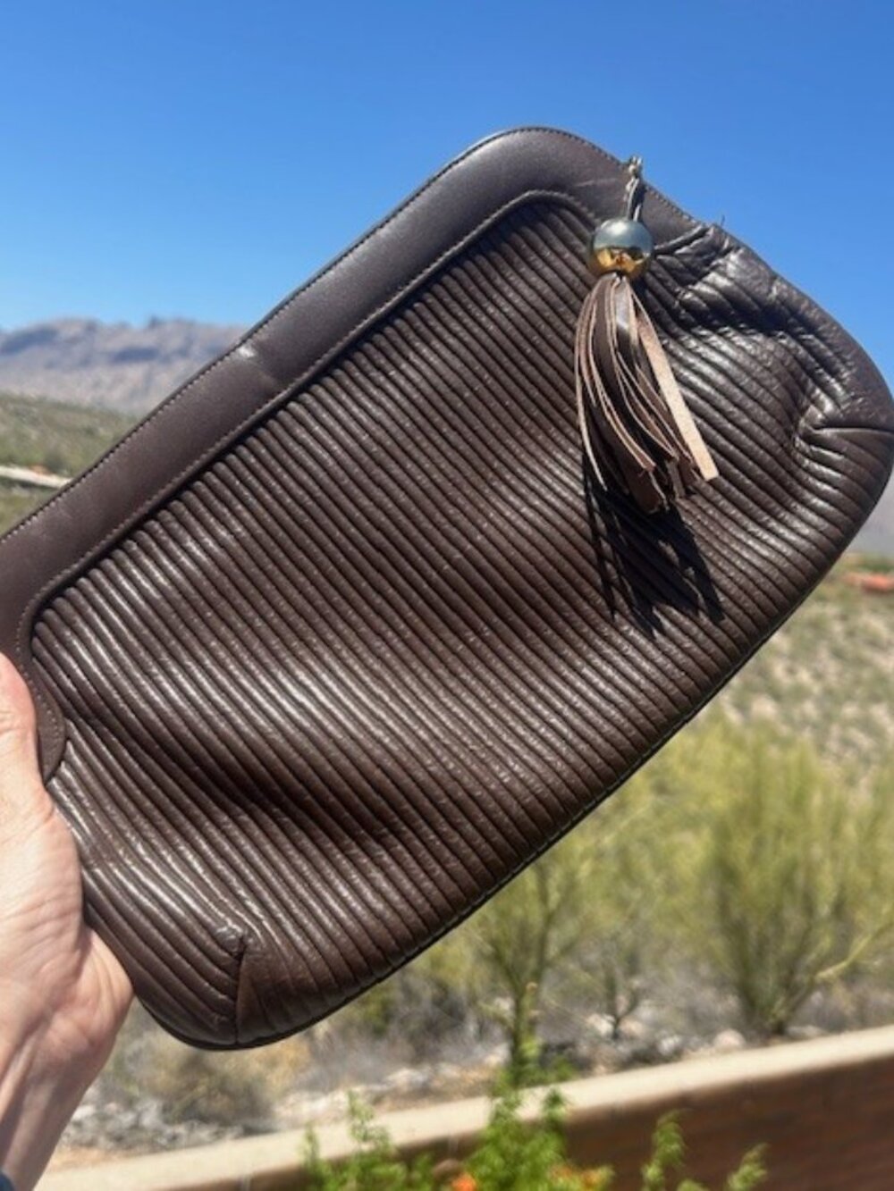 CROWN LEWIS Brown Leather Ribbed Clutch PURSE